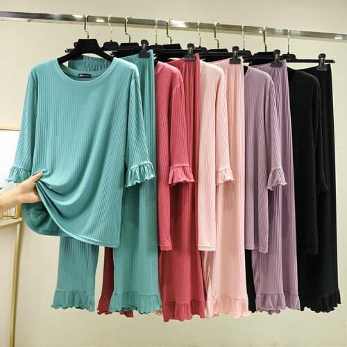 Fdfklak Pajama Sets Women Large Size 2XL Summer Modal Home Wear Sleepwear Fashion O-Neck Top+Loose Wide-Leg Pants Pyjamas