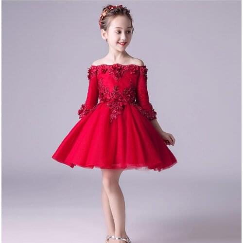 Glizt Red Tulle Strapless Flower Girl Dress for Wedding Party Pageant Princess Half Sleeve Floral Girl First Communion Dresses