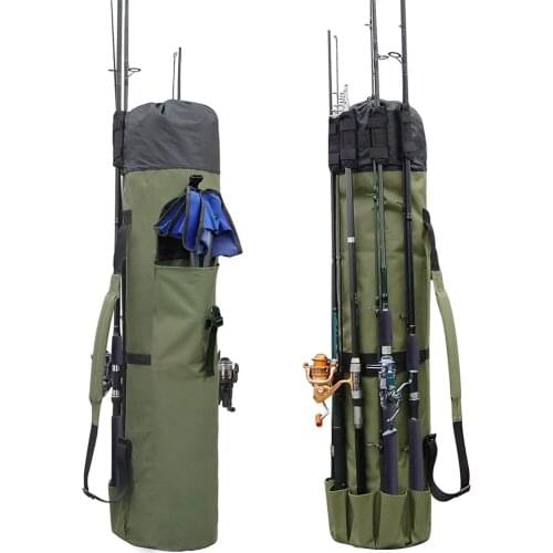 Durable Canvas Fishing Rod & Reel Organizer Bag Travel Carry Case Bag- Holds 5 Poles & Tackle