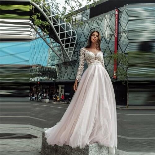 Sheer Illusion Long Sleeves Wedding Dress Lace Appliques Tulle Skirt Spring Bride Party Gown For Wedding Vestidos De Mariee