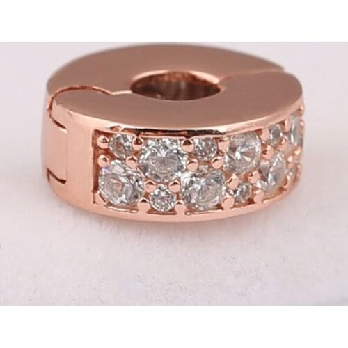 S925 Silver DIY Jewelry Shining Elegance Clips Stoppers Charm fit Lady Bracelet Bangle Rose & Clear CZ