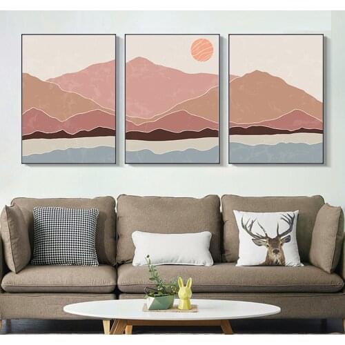 Scandinavian Prints Pink Hill Poster Sun Mountains Landscape Canvas Painting Modern Abstract Wall Art Wall Decor