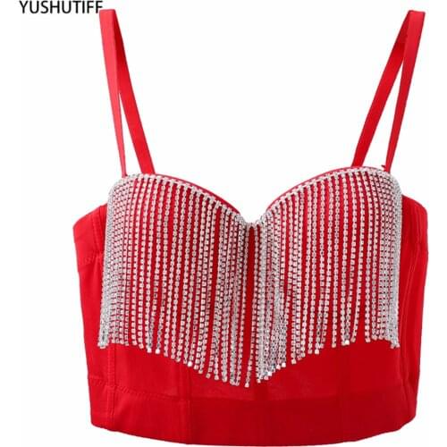 2021 New Short Sexy Beading Tassel Rhinestones Tops Female Crop Top With Built In Bra Push Up Bralette Solid Camis Fashion Top