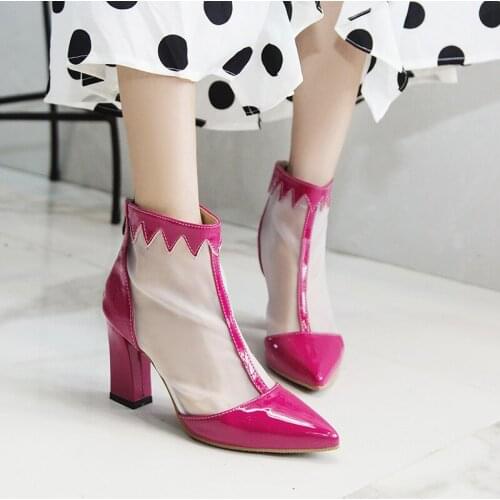 YMECHIC 2019 Fashion Sweet Sexy Pointed Toe Block High Heel Shoes Green Red Summer Mesh Ankle Boots Plus Size Party Shoes