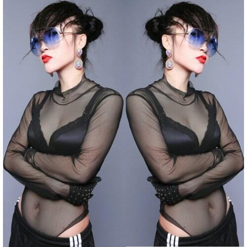 Ladies Bottoming Top Cutout Mesh Bodysuit Jazz Hip Hop Dance Costumes Nightclub Bar Rave Outfit Ballroom Stage Wear XS2497