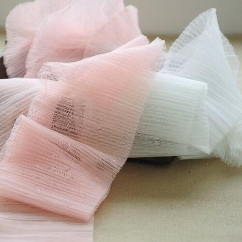 1M Princess White Pink Yarn Pleated Lace Trims Fabric Mesh Handmade Sewing DIY Little Doll Skirt Lolita Decoration 10cm Width