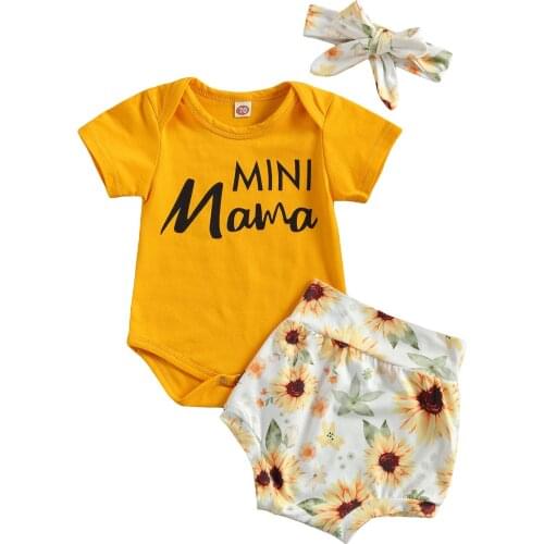 2021 Brand New 0-24M Newborn Baby Girls Clothing Set Short Sleeve Letter Romper + Sunflower Shorts Summer Clothes Outfits