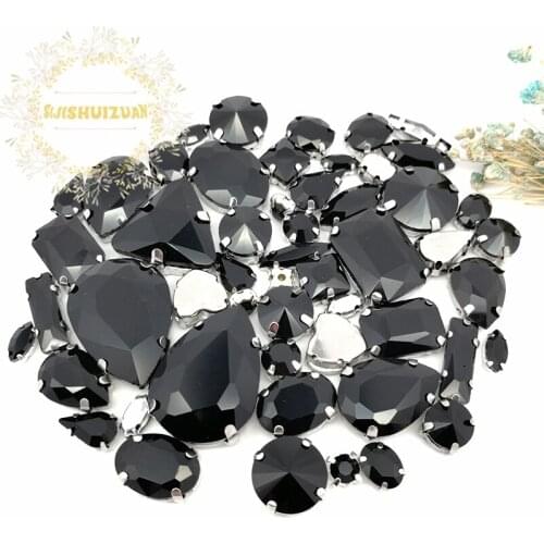 58pcs 10shapes 25sizes Mix Black shape and sizes Glass Crystal rhinestones silvery bottom DIY Clothing accessories