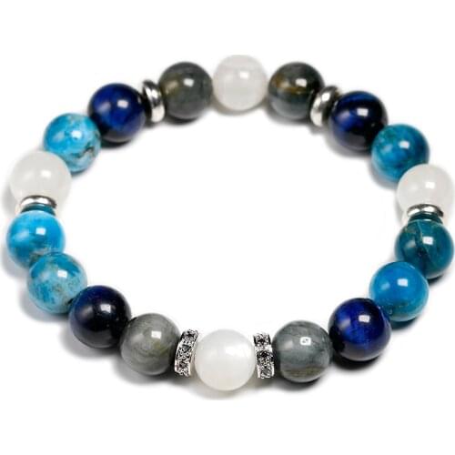Natural 10MM White Moonstone With Blue Tiger Eye Stone Hawks Eye Stone Apatite Bracelet Bead Elastic Energy Bangle Bracelet Men