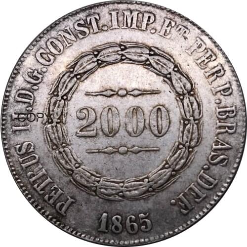 Brazil 1865 Coin 2000 Reis Pedro II Metal Cupronickel Plated Silver Souvenir Collectibles Replica Copy Coins