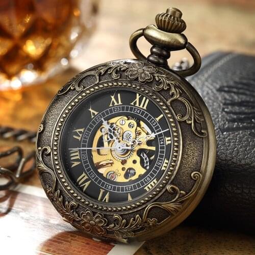 Luxury Mechanical Pocket Watch Hollow Skeleton Steampunk Fob Watch Chain Pendant Golden Steel Exquisite Sculpture Women Clock