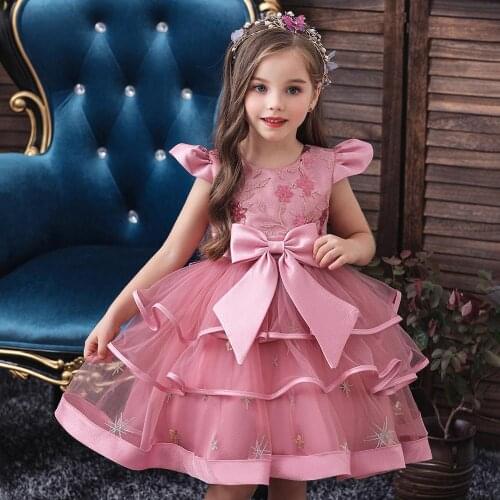 Children Evening Party Dress Bowknot Pink Princess Dress Flower Girls Wedding Dress Toddler Kids Girls Cake Tutu Dress For Girls