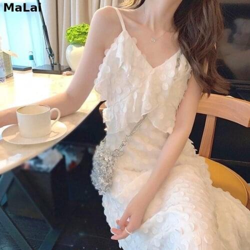 Elegant White Strap Dress Women Kawaii French Style Backless Sexy Midi Dress Summer 2021 Fmale Temperament Party Eveving Dress