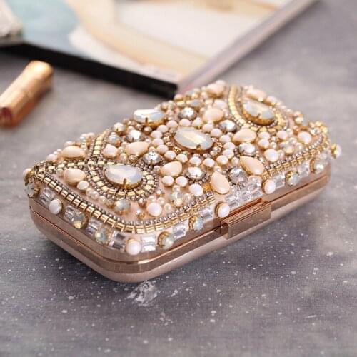 Women New Party Bags Arrival Heavy Beading Evening Clutch Bags Pearls Diamond Day Clutches Luxury Wedding Handbags Black Apricot