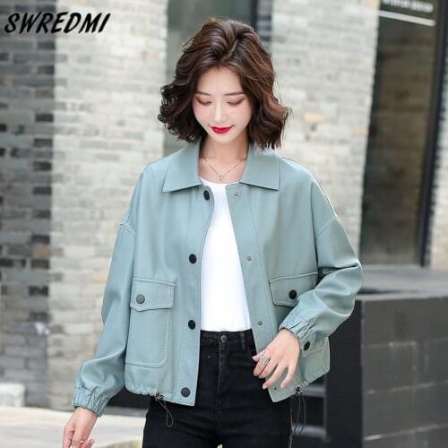 SWREDMI Spring Autumn New Girls Soft Short Loose PU Leather Jacket Street Casual Outwear Women Biker Faux Leather Jackets Women