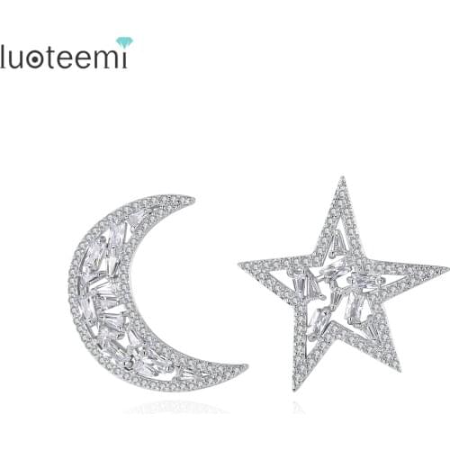 LUOTEEMI Luxury Tone Half Moon & Star Dazzling Clear CZ Stud Earrings for Women Fashion Jewellery Brincos Bijoux