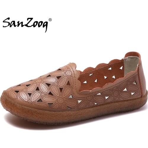 Summer Hollow Breathable Women Genuine Leather Flat Shoes Slip On Flats Moccasins Ladies Fashion Casual Loafers 2021