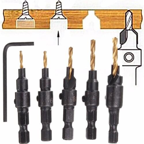 5pcs 5~12mm HSS Woodworking Countersink Chamfer Drill Bit Screw Set & Wrench