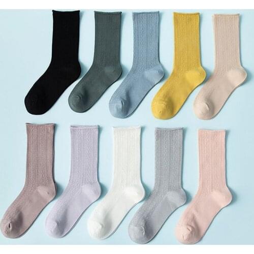 5 Pairs Middle Tube Womens Socks Set Summer Thin College Japanese Style Breathable Mesh Hollow Out Solid Color Chaussettes