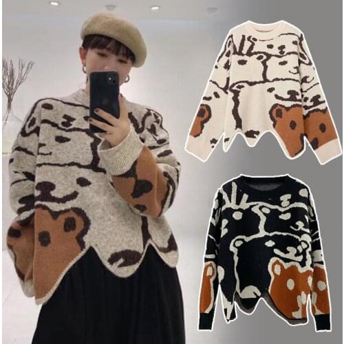 Harajuku Irregular Wavy Cute Bear Knitted Pullover Women Sweaters Autumn Winter Vintage Female Daily Cute Oversized Tops