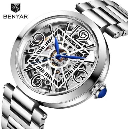 BENYAR Luxury Brand Creative Mens Mechanical Watches Stainless Steel Automatic Men Wristwatch Waterproof Hollow Reloj Hombre