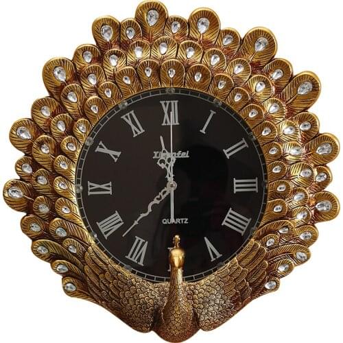 Luxurious retro atmosphere peacock resin clock living room background wall decoration creative silent Pendant Quartz Clock