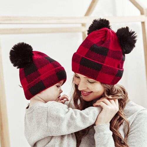 Baby girls Hat Christmas Plaid Beanie Cap Cotton Knitted Winter Wool Hemming Warm Hats Mom and me Parent-child Hat