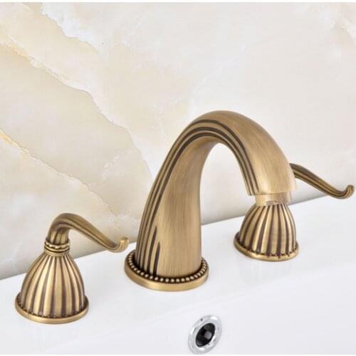 Vintage Retro Antique Brass Deck Mounted Dual Handles Widespread Bathroom 3 Holes Basin Faucet Mixer Water Taps msf631