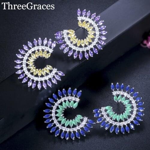 ThreeGraces Brand Vintage Jewelry Symmetrical Design U Shape Micro Inlay Yellow Purple Zircon Stud Earrings Gift For Women ER167