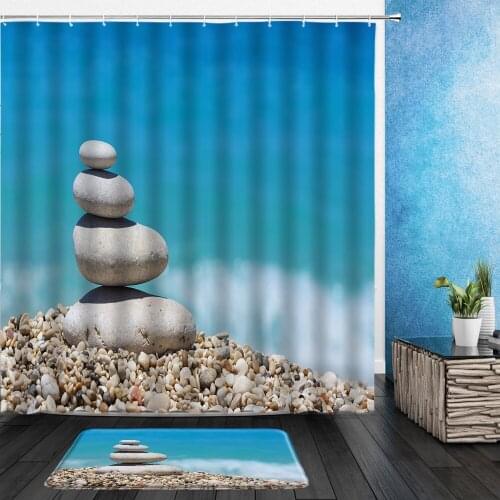 2pcs Set Stone Shower Curtains Zen Garden Flower Plant Bamboo Creative Funny Bathroom Hanging Fabric Curtain With Flannel Mat