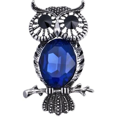 Vintage Metal Owl Brooch Pins Big Blue Crystal Bird Animal Brooches for Women Suit Shirt Shawl Accessories Simple Jewelry Gifts
