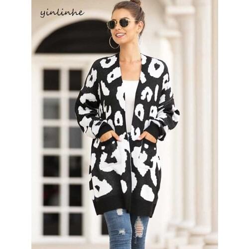 Yinlinhe Autumn Long Cardigans Female Loose Leopard Cardigan Women Knit Sweater Pockets Spring Khaki Coat Women Long Sleeve1341