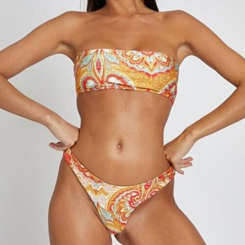 2019 Women Push-up Bikini Floral Print Padded Bra Bandage Strapless Bikini Set Swimsuit Triangle Swimwear Beachwear
