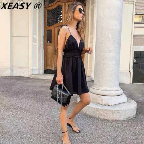 XEASY Women 2021 Black Short Dress Vintage Backless Mini Slip Dress Female Bow Straps Elastic Ruched Ruffle Sexy Party Dresses