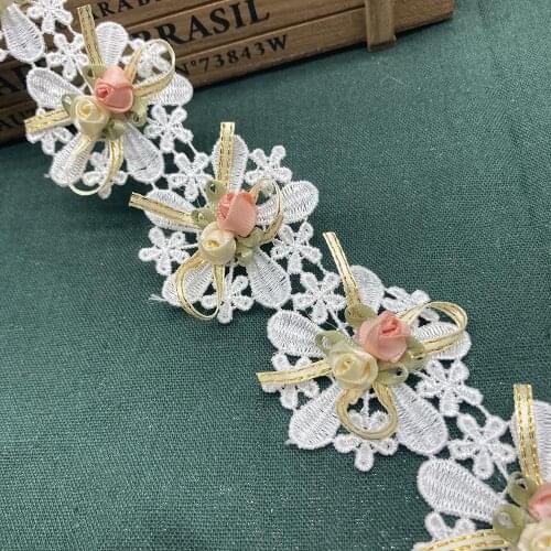 1 Yard 5CM Golden Silk Rose Flower Embroidered Appliques Trim Ribbon Fabric Sewing Lace Craft Women Wedding Dress Decoration