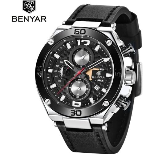 Men Watch BENYAR Mens Watch Fashion Sports Chronograph Top Brand Luxury Quartz Watch Leather Strap Mens Quartz Watch