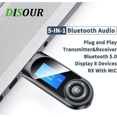 DISOUR USB Bluetooth 5.0 Adapter 5-IN-1 Wireless Audio Receiver Transmitter LCD Display 3.5mm AUX RCA Dongle With Mic For TV Car