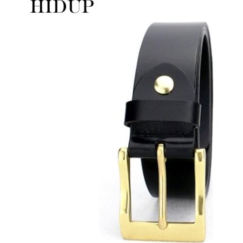 HIDUP Top Quality Design Cow Skin Belt Gold Brass Pin Buckle Belts Mens Casual Style Genuine Leather Jeans Accessories NWWJ145