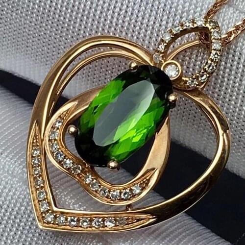 Fine Jewelry Real 18 K Rose Gold 100% Natural Green Tourmaline 2.5ct Female Diamonds Gemstone Diamond Womens Pendants Necklaces
