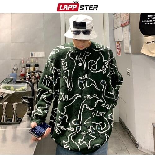 LAPPSTER Men Kawaii Dinosaur Harajuku Knitted Sweater 2021 Mens Oversized Vintage Y2k Pullovers Male Designer Streetwear Sweater