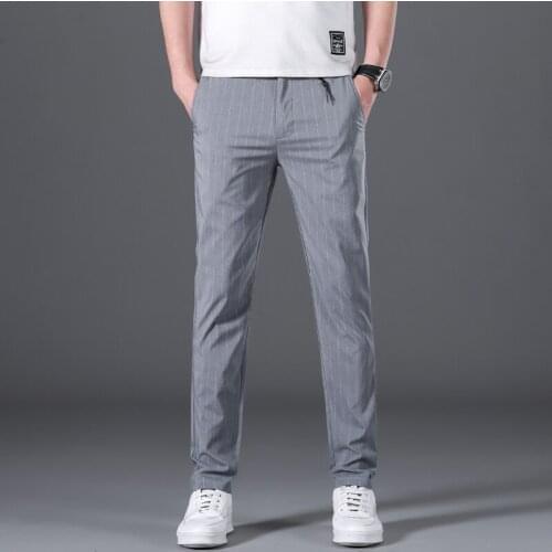 Summer Mens Stretch Stripe Casual Pants Men High Quality Business Black Grey Straight Work Formal Pants Trousers Male