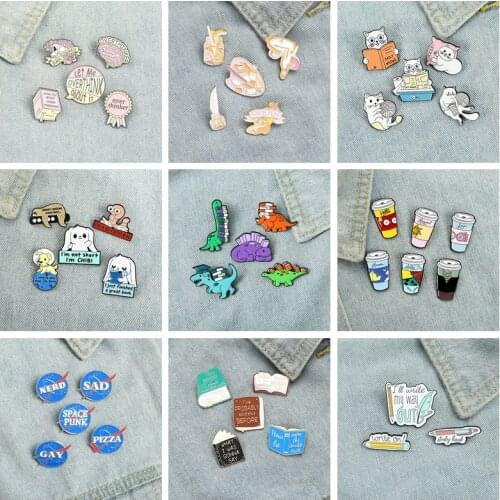 Reading Books Metal Enamel Pin Brooch Cute Cat Skull Book Pin Personality Charm Costume Cartoon Jewelry Gifts For Women Lover