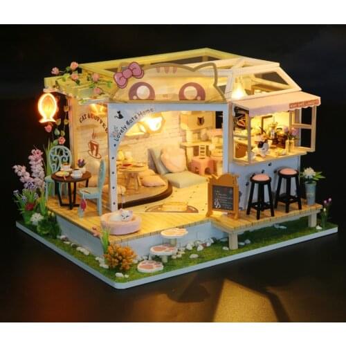 DIY Wooden Dollhouse Kits Miniature With Furniture Dust Cover Cute Cats Coffee Home Casa Dollhouse Toys for Girls Xmas Gifts