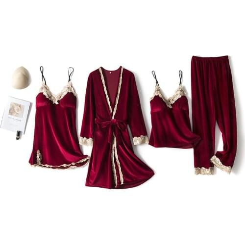Autumn Winter Womens Delicate Sexy Velvety Pajamas Nightgown Suspender Coat Pant Sexy Home Clothes 4Piece Sets Nightclothes