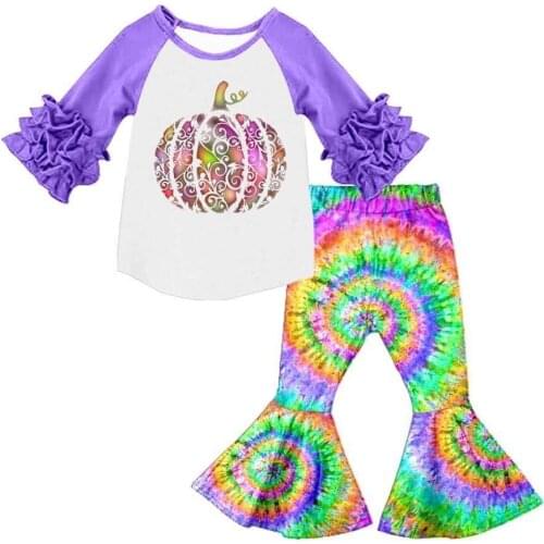 Autumn boutique girl costume pumpkin pattern Halloween tie-dye bell pants children clothes set wholesale 20