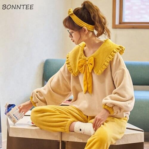 Pajama Sets Women Winter Thicken Warm Lovely Long Sleeve Korean Style Soft Leisure Sleepwear Chic Students Homewear Fashion New