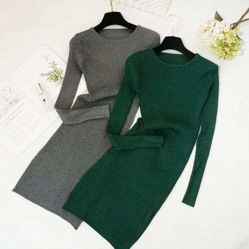 Women Sweater Dress knee - length Autumn Winter Thick Warm Female Dresses Slim Soft Rib Knitted dresses