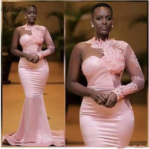 Pink Africa Evening Dresses One Shoulder Long Sleeve Lace Appliques Sheer Mermaid Evening Gowns Black Girls Pageant Dress Runway