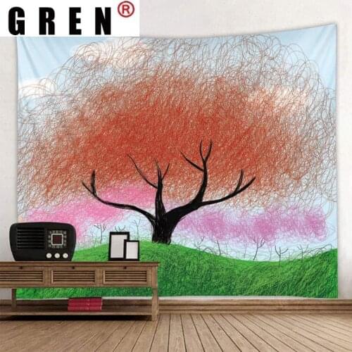 GREN Tapestry Painted Tree Wall Rugs Wall Hanging Covering Fabric Mural Background Cloth Towel Beach Fabric Blanket Living Decor
