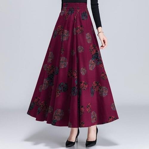 Vintage Long Skirts Womens Elegant Casual Print Cotton Linen Skirts Female Faldas Streetwear Plus Size High Waist Skirts Q4012